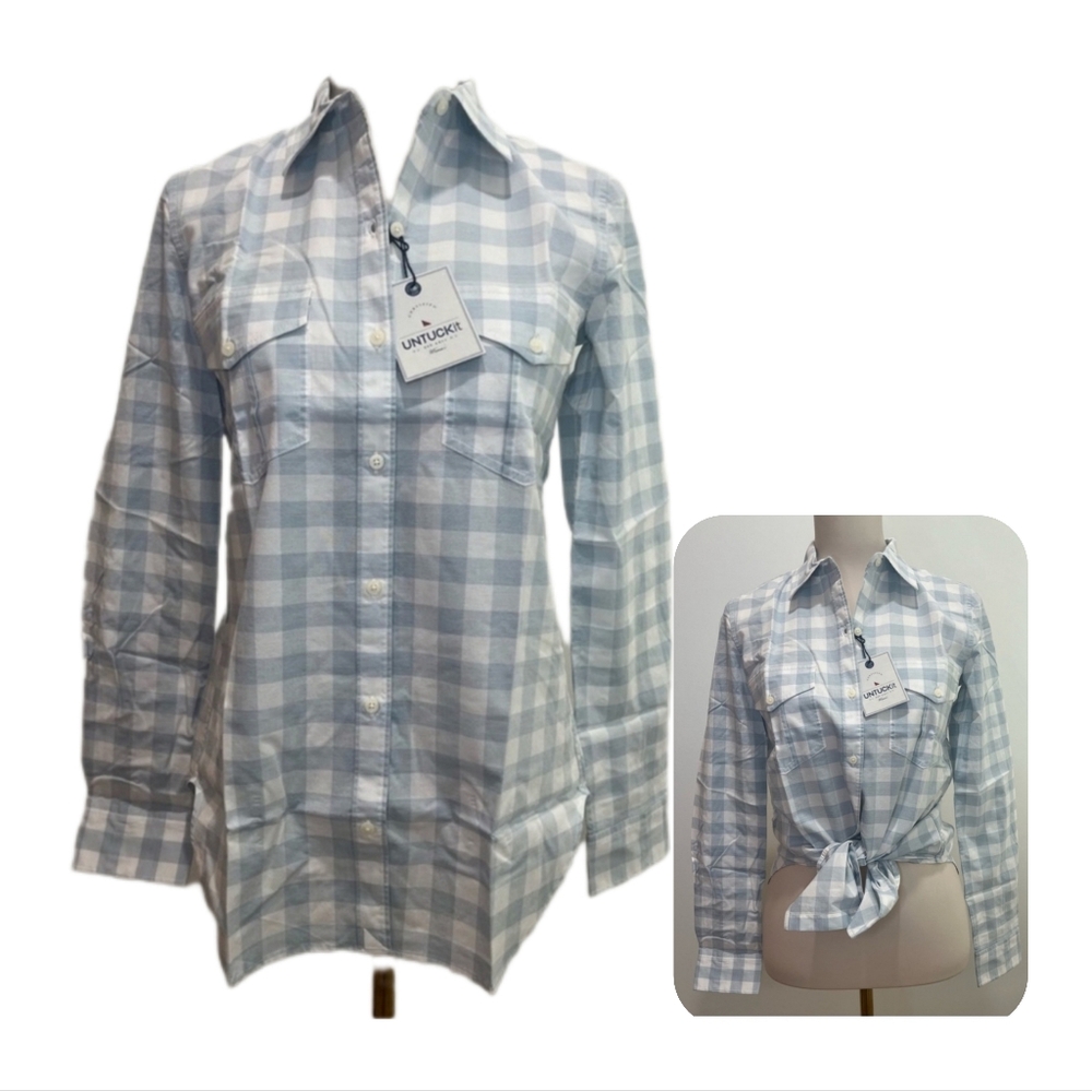 2/$30 UNTUCKit Women's Santa Marzi Blue & White Checked Button Down Plus Size 18